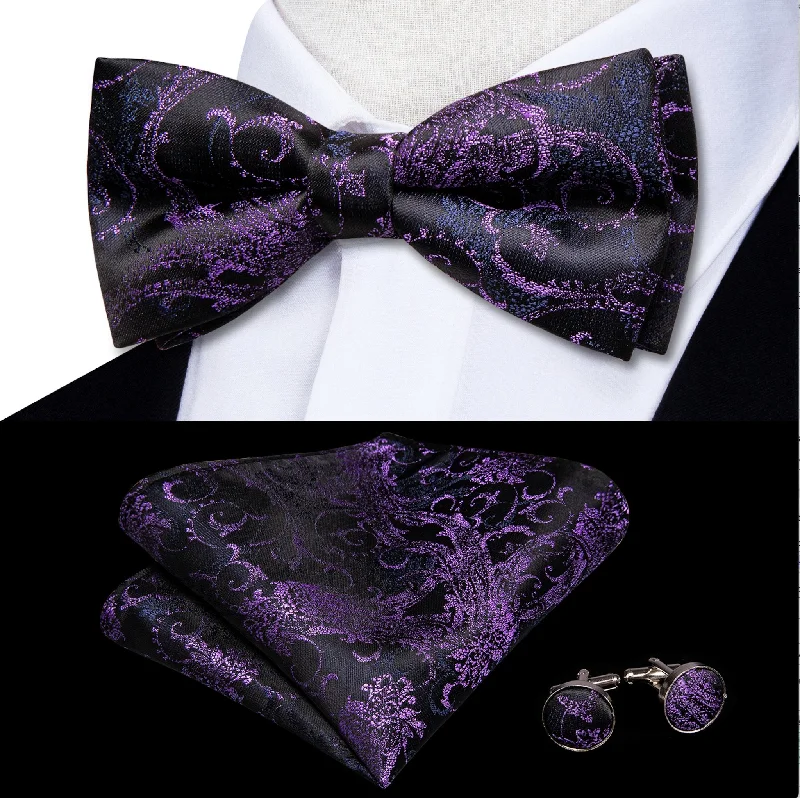 Men's tie with luxury fabrics-Black Purple Blue Paisley Pre-tied Bow Tie Hanky Cufflinks Set-LH-0566