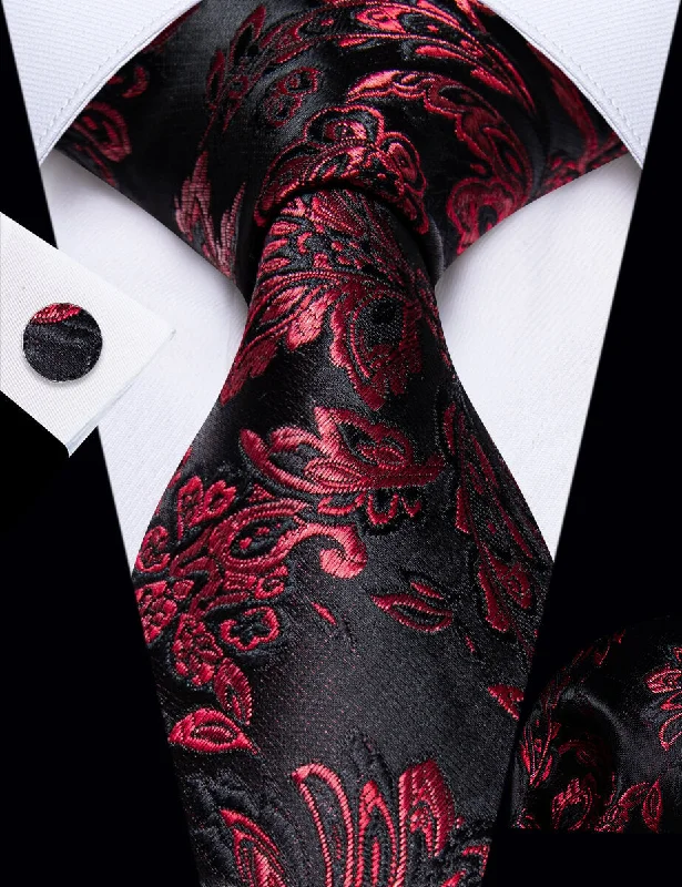 Men's tie for elegant evening attire-YourTies Dark Red Tie Floral Men's Necktie Pocket Square Cufflinks Set