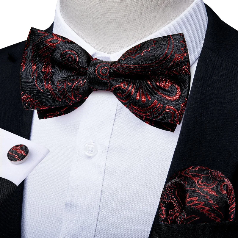 Men's tie for evening formal wear-Black Red Paisley Pre-tied Bow Tie Hanky Cufflinks Set-LH -0169