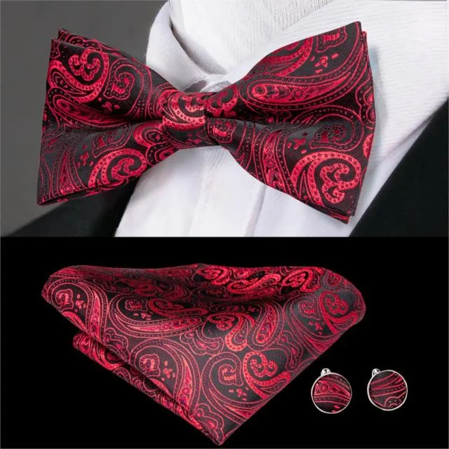 Men's tie with fresh, modern design-Black Red Paisley Pre-tied Bow Tie Pocket Square Cufflinks Set