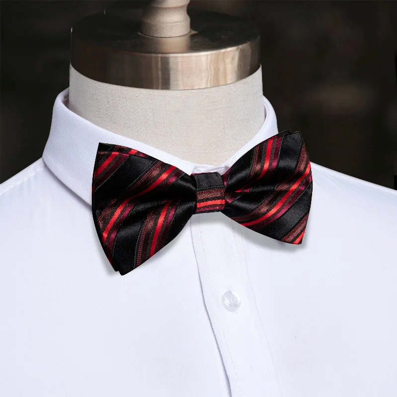 Elegant men's tie with subtle plaid-YourTies Bowtie Black Red Striped Pre-tied Bow Tie Set