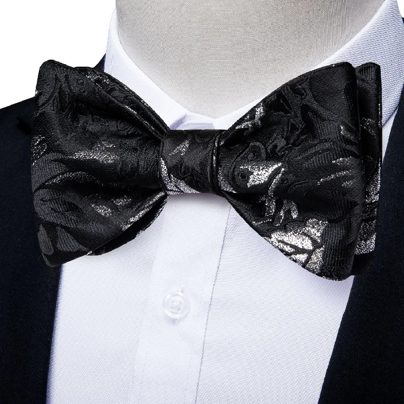 Men's tie for a luxury dinner event-Black Silver Color Floral Silk Bowtie Pocket Square Cufflinks Set