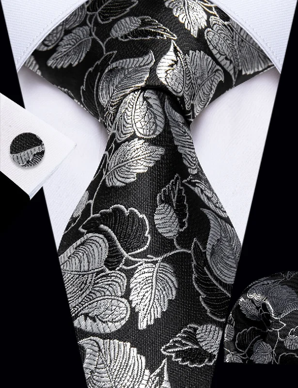 Men's tie with artistic print-YourTies Black Wedding Tie Silver Floral Leaf Jacquard Men Necktie Set