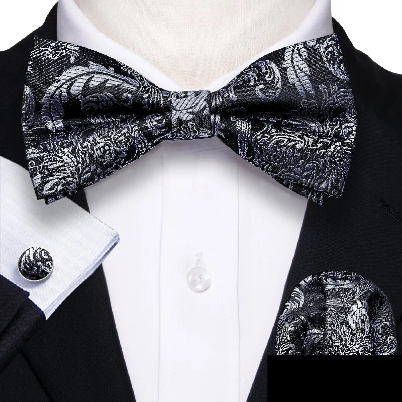 Men's tie with contrasting colors-Black Silver Floral Silk Bowtie Pocket Square Cufflinks Set LH-0937