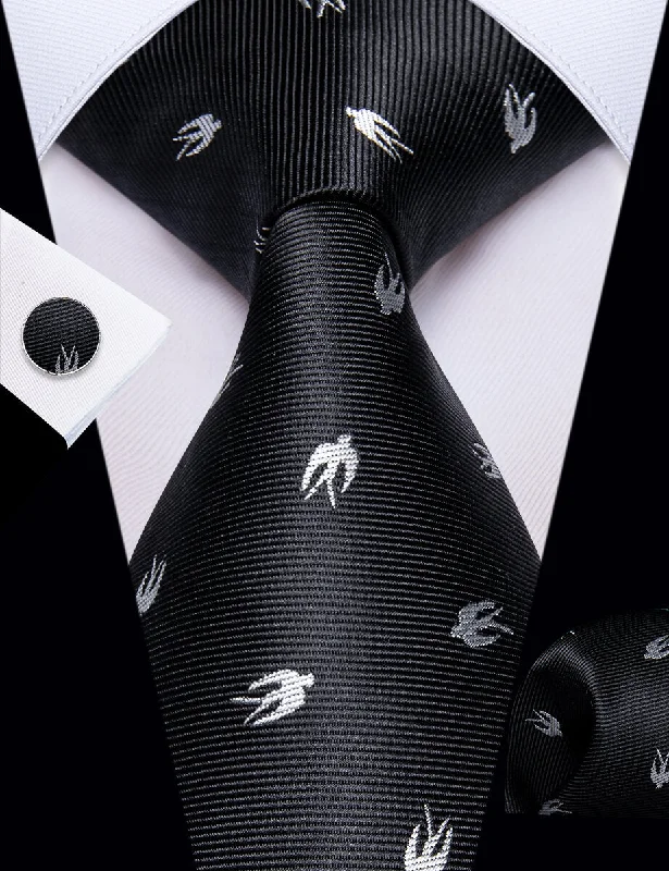 Men's tie for a smart casual look-YourTies Black Silver Novelty Swallow Men's Necktie Pocket Square Cufflinks Set