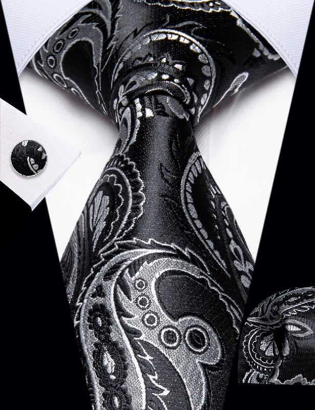 Designer men's silk tie for interviews-YourTies Black Tie Formal Black Silver Paisley Men's Necktie Set