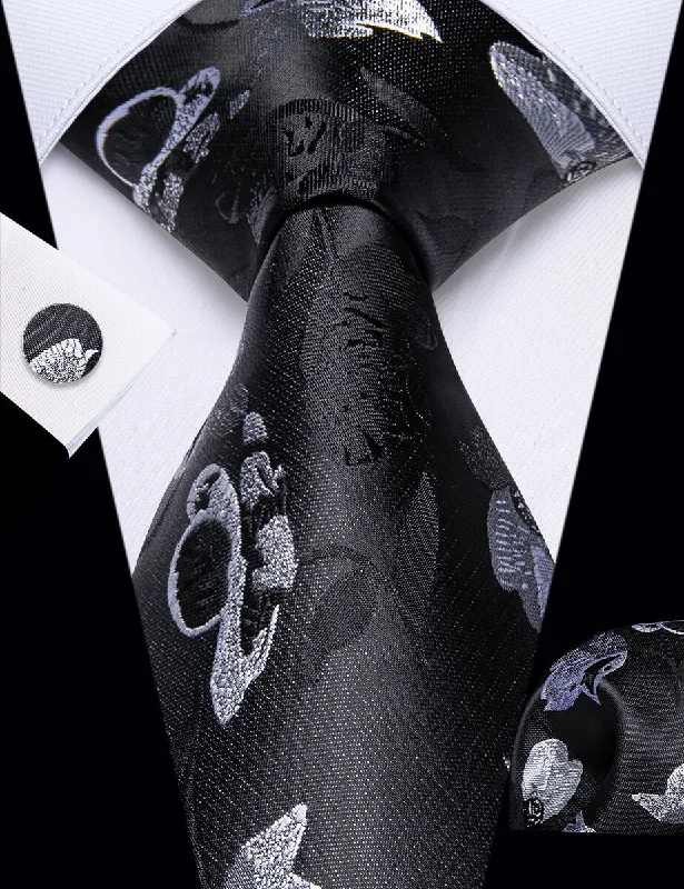 Men's tie with floral embroidery for weddings-YourTies Mens Black Tie White Floral Men's Necktie Hanky Cufflinks Set