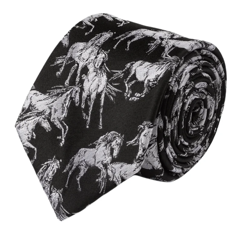 Men's tie with soft wool fabric-Black/ White Horse Tie