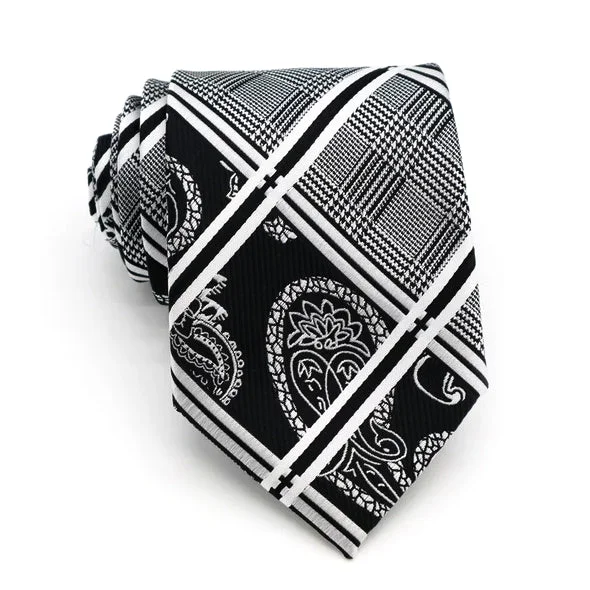 Classic men's tie for the holiday season-Classy Men Black White Paisley Striped Tartan Silk Tie