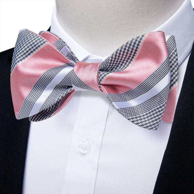 Luxury men's necktie for weddings-Black White Pink Striped Self-Bowtie Pocket Square Cufflinks Set