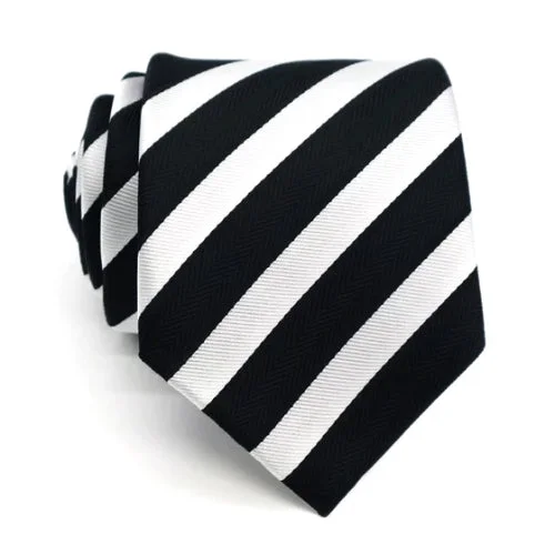 Men's tie with intricate jacquard design-Classy Men Black White Striped Silk Tie