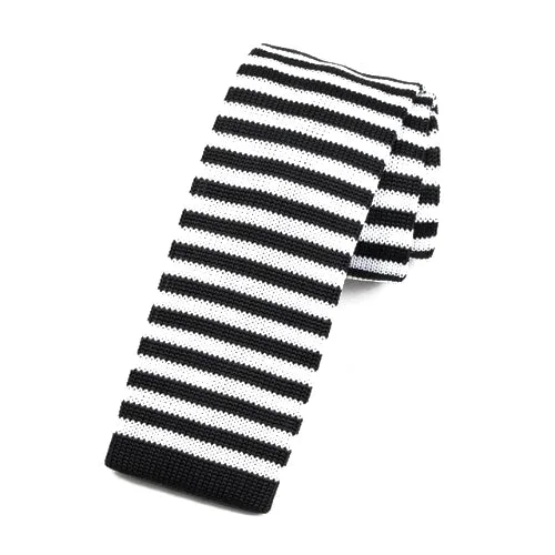 Men's striped silk tie-Classy Men Black White Striped Square Knit Tie