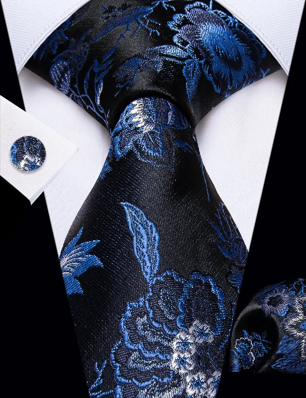 Men's tie for a formal business dinner-YourTies Blue Black Floral Men's Necktie Pocket Square Cufflinks Set