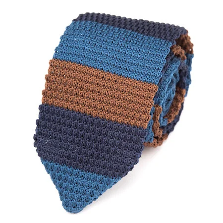 Men's tie for upscale business events-Classy Men Blue Brown Striped Knitted Tie