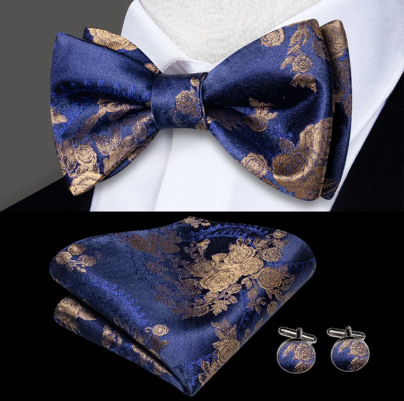 Men's tie with unique diamond print-Blue Gold Paisley Self  Bowtie Pocket Square Cufflinks Set- LH-2114