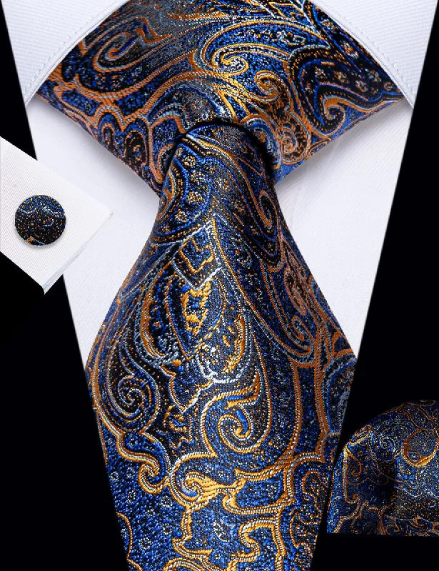 Men's tie with houndstooth pattern-YourTies Blue Gold Paisley Men's Necktie Pocket Square Cufflinks Set