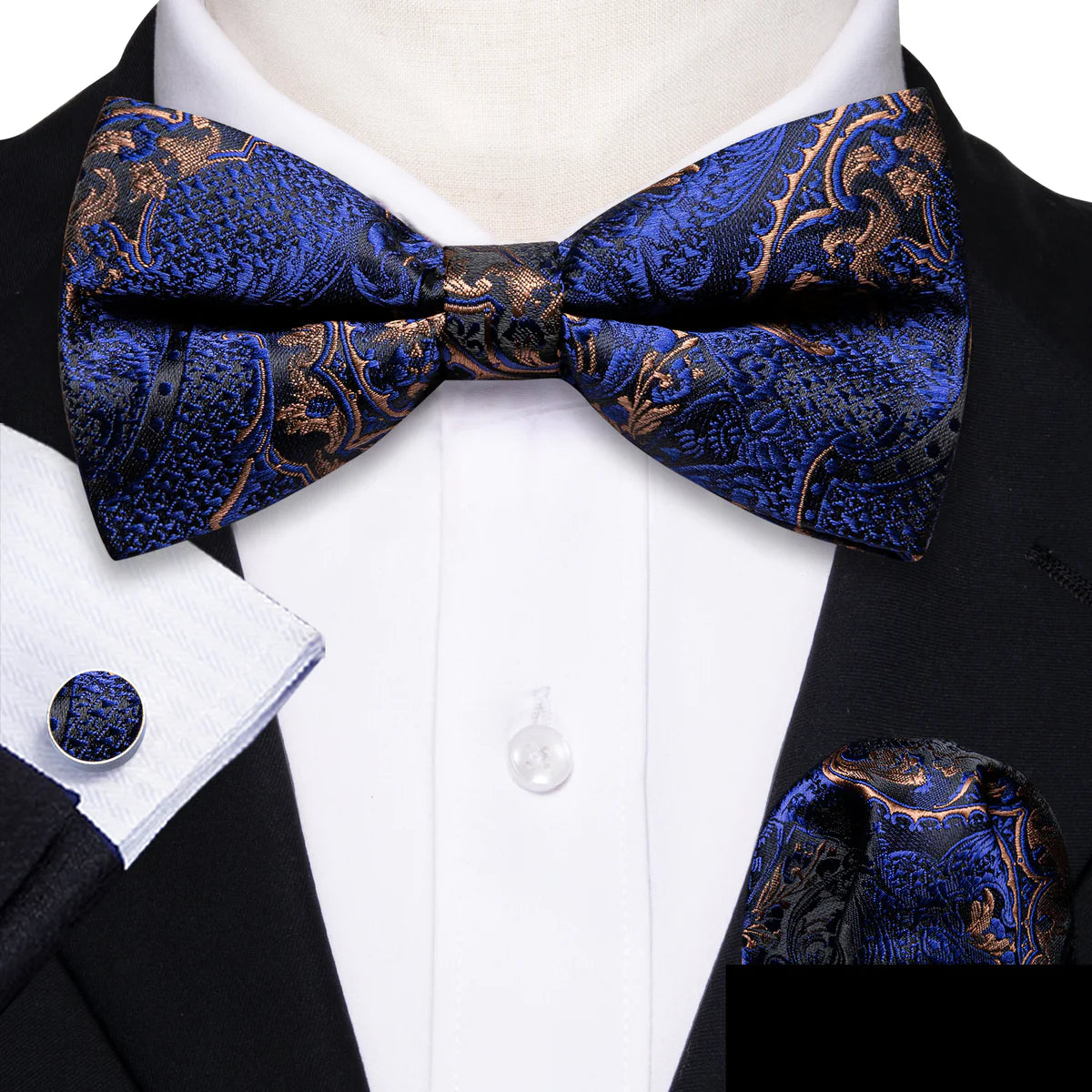 Stylish patterned tie for casual office wear-Blue Gold Paisley Pre-tied Bow Tie Pocket Square Cufflinks Set