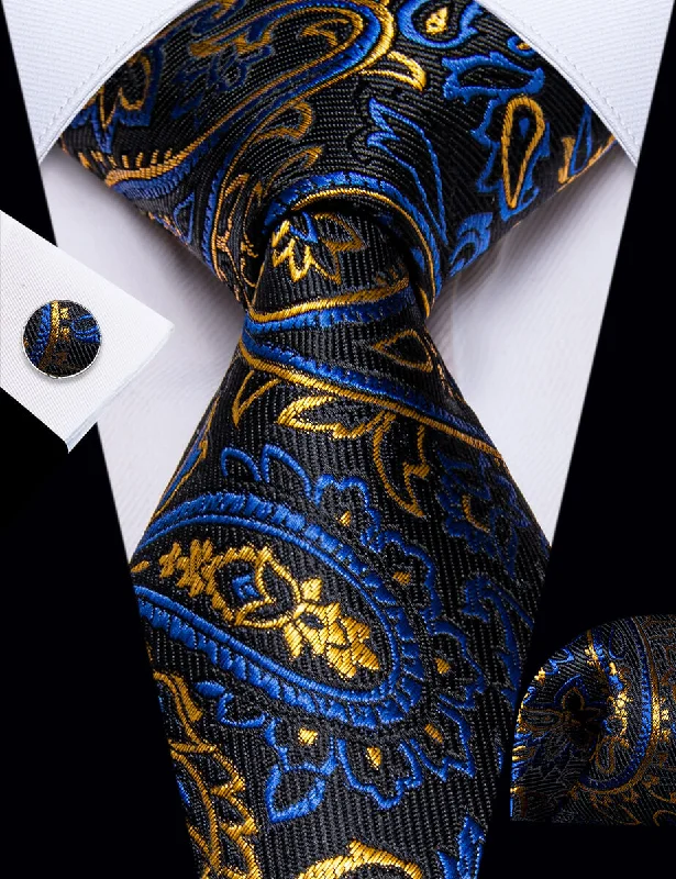 Best men's tie for dinner parties-YourTies Blue Golden Black Paisley Men's Tie Hanky Cufflinks Set