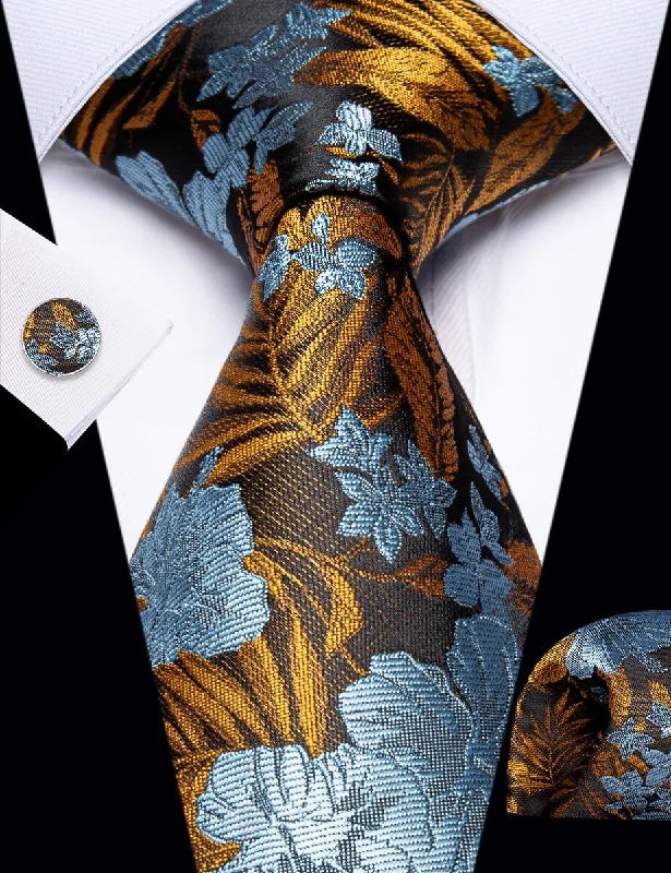 Modern men's tie with geometric design-YourTies Blue Golden Floral Men's Necktie Pocket Square Cufflinks Set