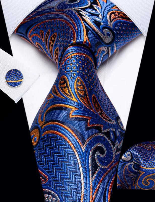 Luxury silk tie for corporate professionals-YourTies Blue Golden Silver Paisley Men's Necktie Pocket Square Cufflinks Set