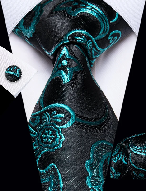 Unique tie for business casual outfits-YourTies Blue Green Floral Men's Necktie Pocket Square Cufflinks Set