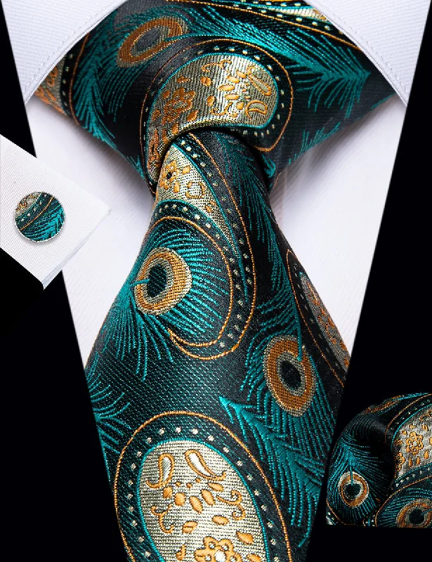 Men's silk tie for holiday gatherings-YourTies Blue Green Yellow Paisley Feather Men's Necktie Pocket Square Cufflinks Set