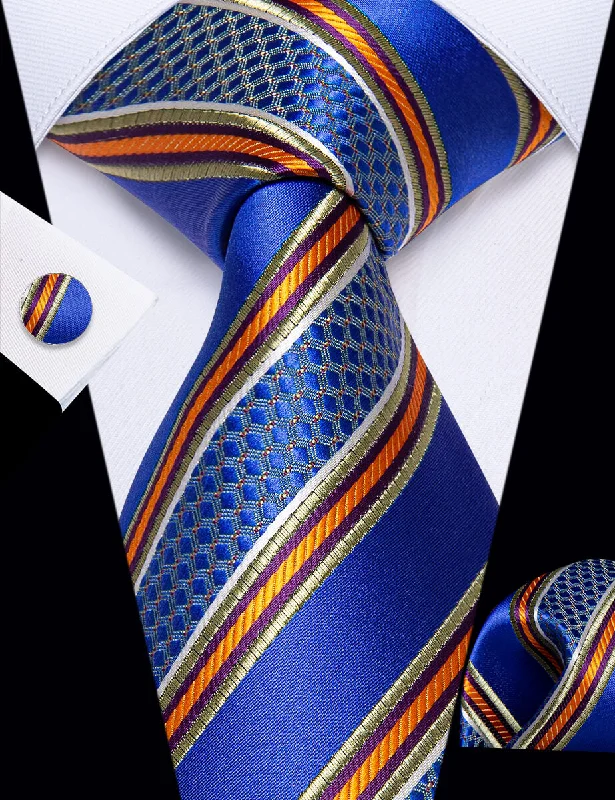 Men's tie with geometric shapes for parties-YourTies Blue Orange Striped Men's Necktie Pocket Square Cufflinks Set