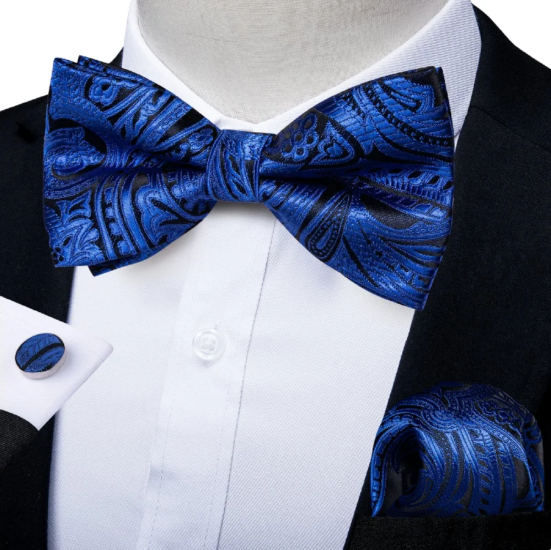 Men's tie with diagonal stripes-Blue Paisley Pre-tied Bow Tie Hanky Cufflinks Set- LH-0171