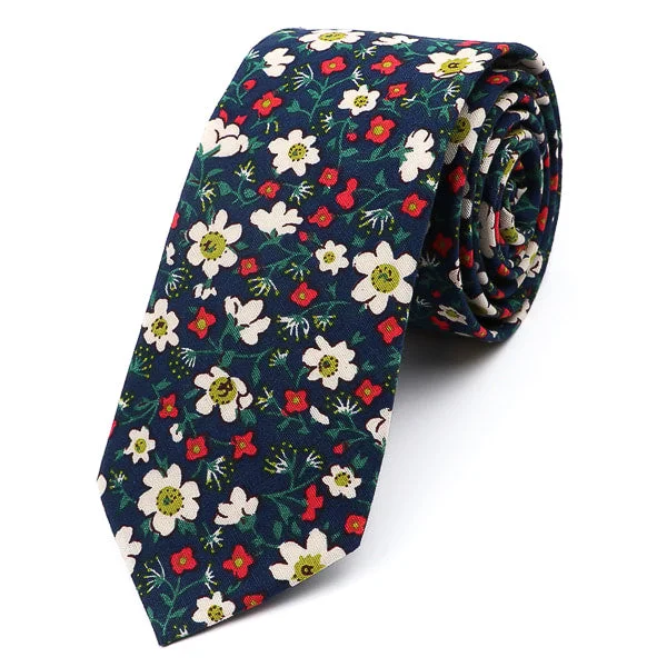 Affordable men's tie with patterns-Classy Men Blue White Red Floral Skinny Cotton Tie