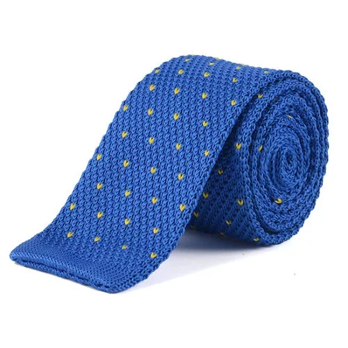 Stylish silk tie for office professionals-Classy Men Blue Yellow Dot Square Knit Tie