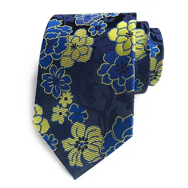 Men's tie for business dinner events-Classy Men Blue Yellow Floral Silk Tie