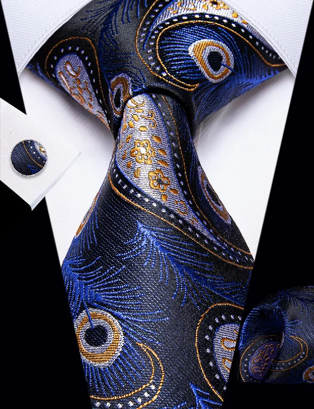 Men's tie for everyday office wear-YourTies Blue Yellow Paisley Feather Men's Necktie Pocket Square Cufflinks Set