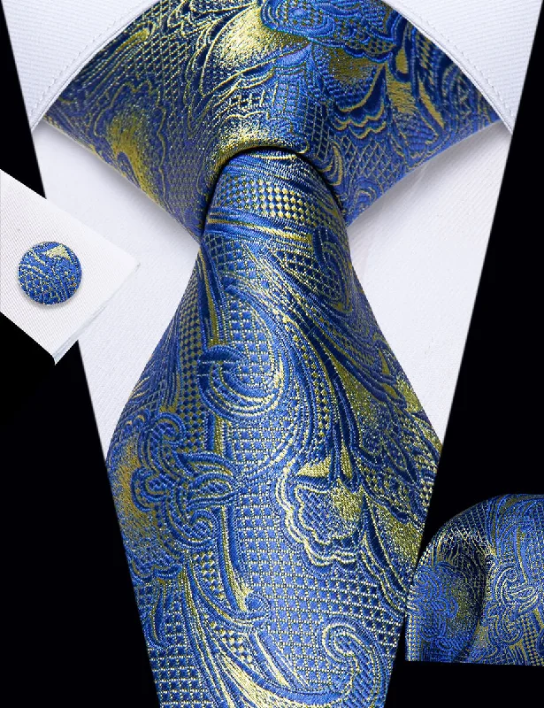 Affordable men's tie with patterns-YourTies Light Blue Yellow Paisley Men's Necktie Hanky Cufflinks Set