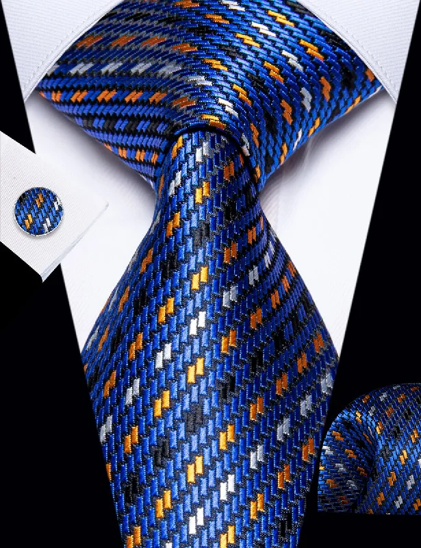 Men's tie for a garden party-YourTies Dark Blue Novelty Woven Necktie Pocket Square Cufflinks Set