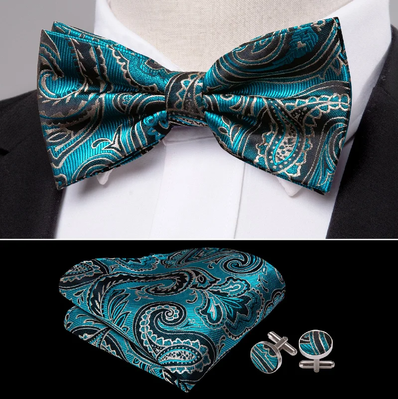 Men's tie for formal office attire-Blue Grey Paisley Bowtie Pocket Square Cufflinks Set- LH-0916