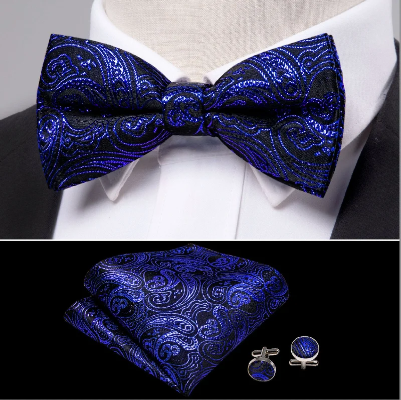 Designer men's tie with elegant design-Shining Royal Blue Black Paisley  Pre-Tied Bowtie Pocket Square Cufflinks Set- LH-0908