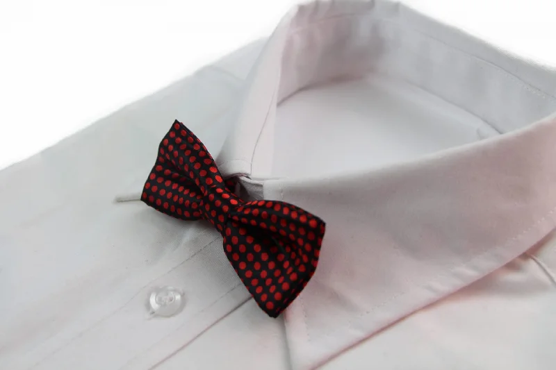 Classic men's tie for upscale dinner parties-Boys Black With Red Small Polka Dot Patterned Bow Tie