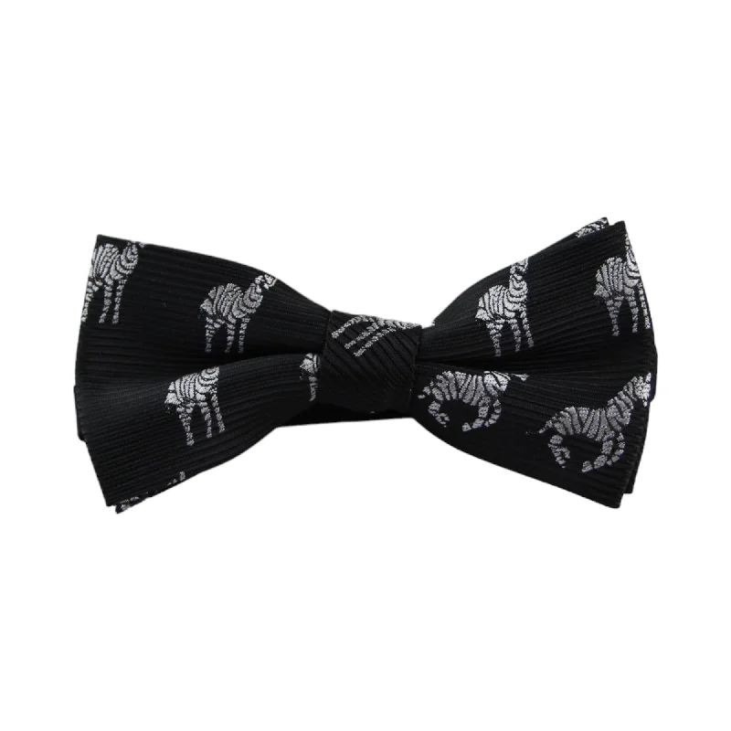 Best men's tie for formal business meetings-Boys Black With Silver Zebras Patterned Cotton Bow Tie