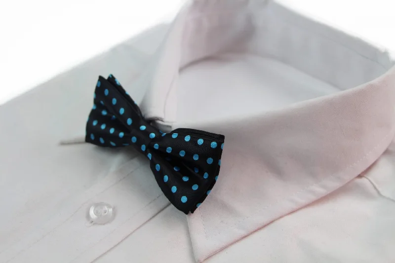 Men's tie with contemporary print-Boys Black With Sky Blue Small Polka Dot Patterned Bow Tie