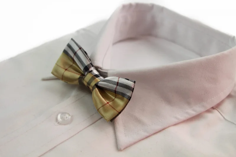 Classic silk tie for men-Boys Gold, Black, Red & White Plaid Patterned Bow Tie