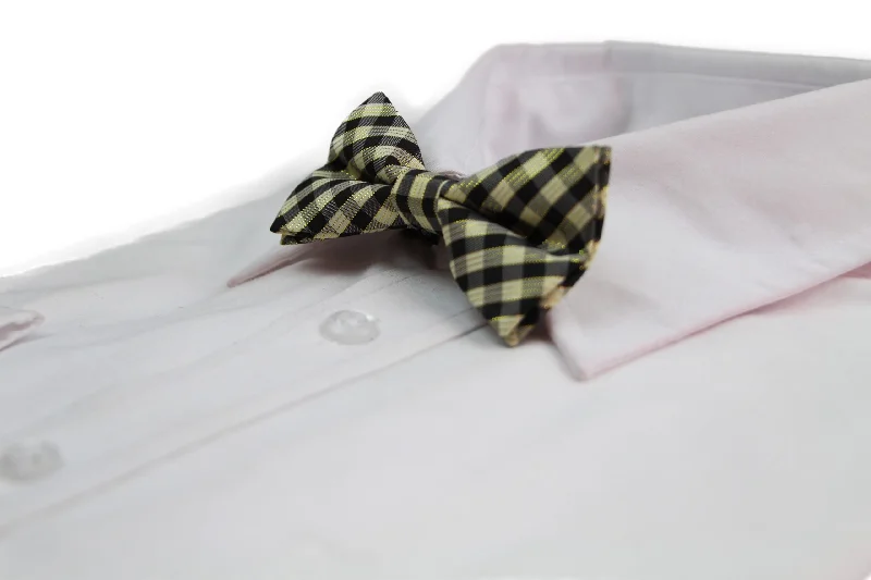 Men's tie with fine houndstooth print-Boys Ivory, Black & Gold Tinsel Checkered  Patterned Cotton Bow Tie