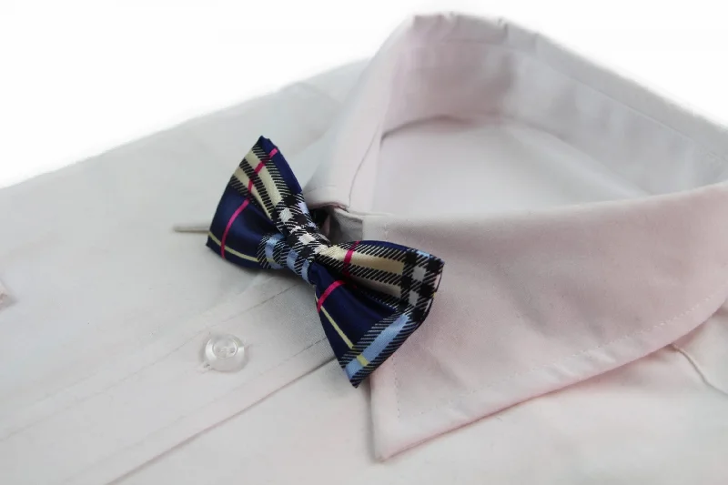 Stylish tie for young professionals-Boys Navy, Black, Gold & Pink Plaid Patterned Bow Tie