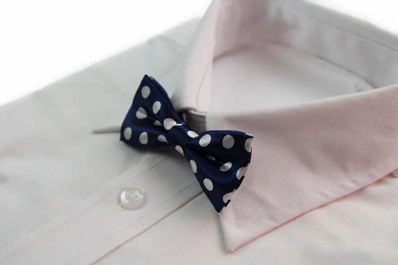 Affordable men's tie with patterns-Boys Navy With White Large Polka Dots Patterned Bow Tie