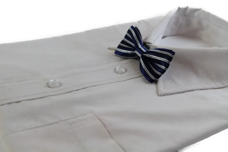 Men's tie with solid color blocks-Boys Navy With White Stripes Patterned Bow Tie