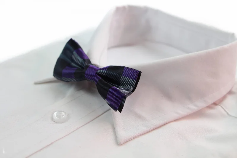 Best tie for men's corporate events-Boys Purple, Black & Silver Checkered Patterned Bow Tie