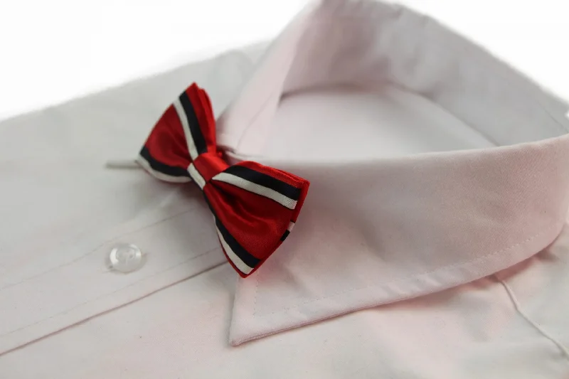 Men's slim tie for wedding attire-Boys Red With Black & White Stripes Patterned Bow Tie