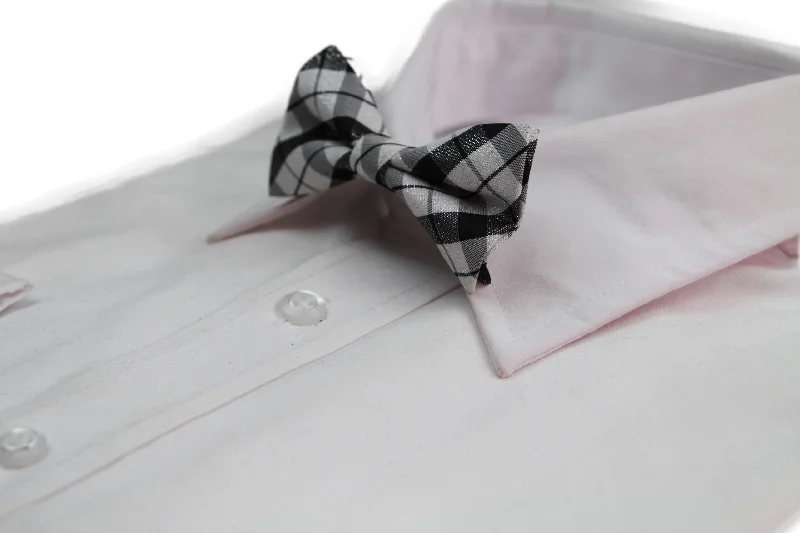 Stylish men's tie with modern touch-Boys Silver Tinsel With Black Plaid Patterned Cotton Bow Tie