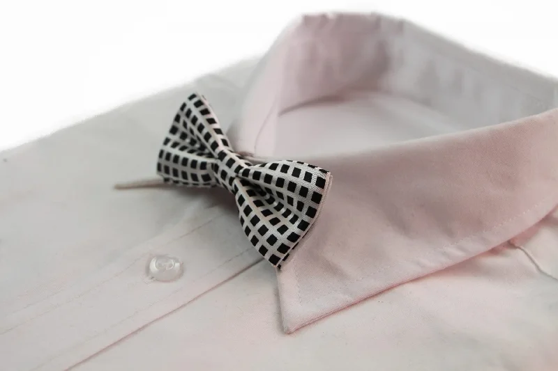 Unique men's tie with creative patterns-Boys Silver With Black Squares Patterned Bow Tie