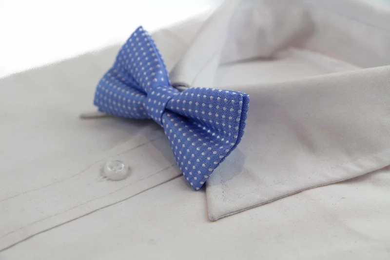 Men's tie with warm color tones for fall-Boys Sky Blue Bow Tie With White Polka Dots