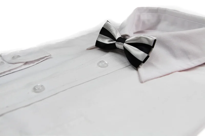 Trendy men's tie with plaid print-Boys White & Black Horizontal Striped Patterned Bow Tie